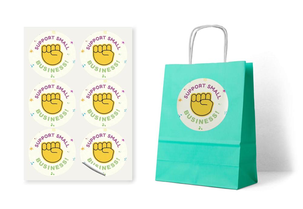 Round Support Small Business! emoji stickers sheet, and one emoji label applied to a turquoise paper gift bag