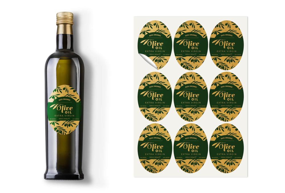 printed labels on sheet with olive oil stickers