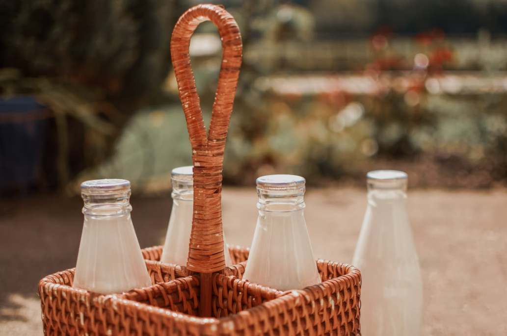 returnable milk bottles in basket