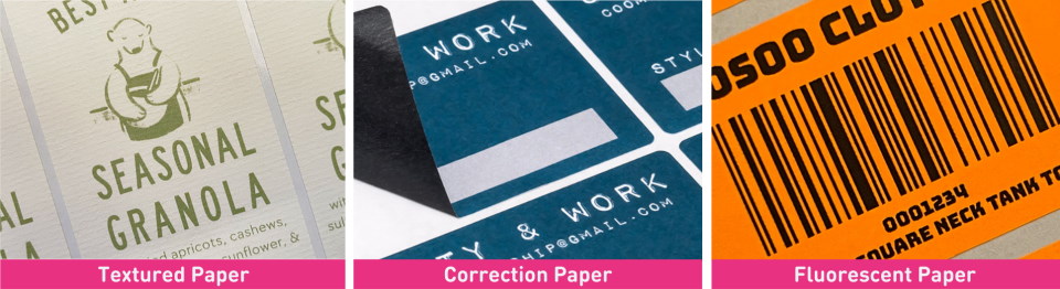 paper labels in different materials - textured paper, correction paper & fluorescent paper